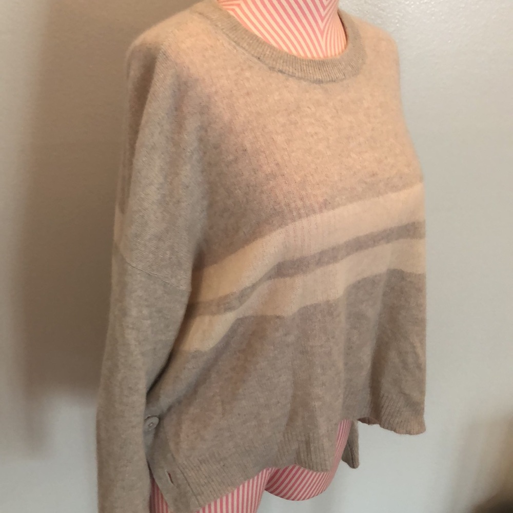 100% Cashmere Cropped Sweater Gray Grey White Stripe Crewneck 360 Cashmere - Picture 4 of 9